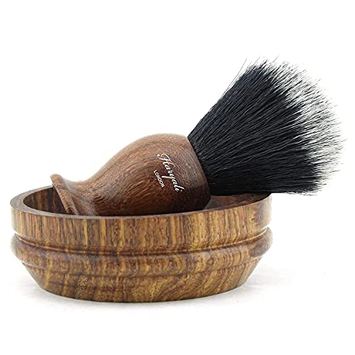 Haryali London Set di pennelli da barba con setole sintetiche e ciotola per sapone, elegante kit da barba vintage per uomo, setole vegane ecologiche e set da barba in legno resistente