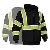 GLIMMR High Visibility Safety Hoodie Reflective ANSI Class 3 Sweatshirts for Men Hi Vis Construction Work Zipper Jackets,Black L