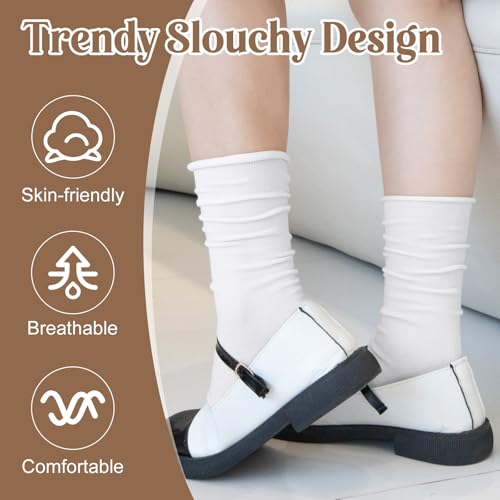 5 Pairs Slouchy Socks for Women, Crew Cotton Socks with Cute Roll Top Casual Calf Long Sock4