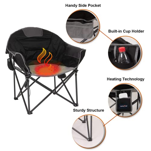 Sunnyfeel Oversized Heated Camping Chair 500 Lbs, Padded Camp Chair Round Moon Saucer Folding Lawn Chair Outdoor Club Chair For Adults Heavy Duty With Cup Holder, Armrest For Lounge Patio #TOP3