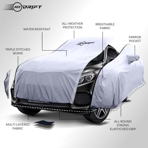 Image of NEODRIFT 'SilverTech' Car Cover for Maruti Suzuki S-Cross (All Weather Protection, Precision-Fit & Breathable Fabric, 100% Water-Resistant, Tailored Fit) (Colour: Silver)