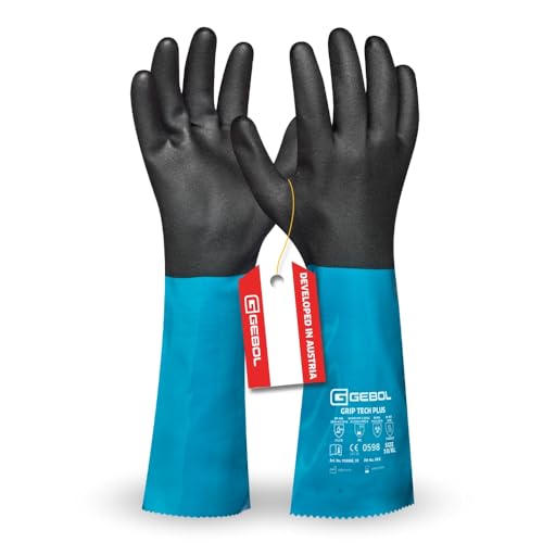 Gebol Grip Tech Plus, lange Gummihandschuhe mit Chemikalienschutz, wasserfeste Nitrilhandschuhe zum Schutz vor Putzmittel, Säure, Fett & Öl, Arbeitshandschuhe mit sicherem Grip, Gr. L (Gr. 9), Blau