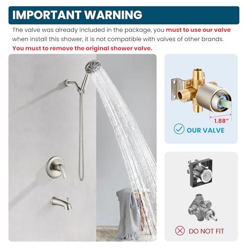 Image of gotonovo Bathroom Shower Head Kit High Pressure Combo System Shower Faucet 6 Modes ABS Handheld Spray Shower Trim Kit Valve Included Shower Head and Handle Set Brushed Nickel