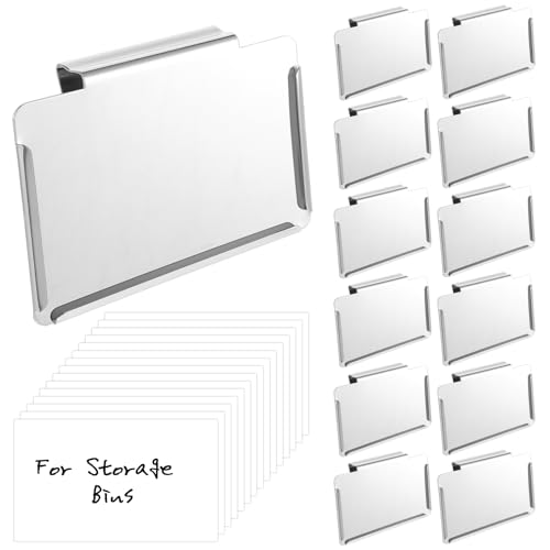 12 Pack Basket Labels Clip On, Stainless Labels for Storage Bins Basket Tags for Kitchen Pantry Labeling Organization Storage, with White Blank Cards