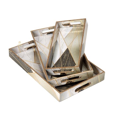 Image of Set of 3 Waterproof Lacquer Coated Wooden Trays - Geometric Abstract Design, Multipurpose MDF Serving Tray Set with Handles (16x10, 14x8, 12x6 Inches) (PremiumSetof3- Geometric)