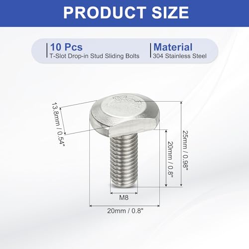 Image of PATIKIL M8 x 20 mm T Slot Bolts, 10 Pcs 304 Stainless Steel Drop-in Bolt T Shape Stud Sliding Screw Metric Thread Hammer Head Bolt for T Track, Silver