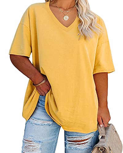 Fisoew Women's Plus Size V Neck T Shirts Summer Half Sleeve Oversized Tees Casual Loose Fit Tunic Tops Yellow
