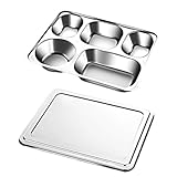 Homeponnew Bandeja dividida de acero inoxidable con tapa, plato de preparación de comidas de 4/5 compartimentos para adultos, hogar, camping o picnic, apto para lavavajillas y apilable, paquete de 4/5