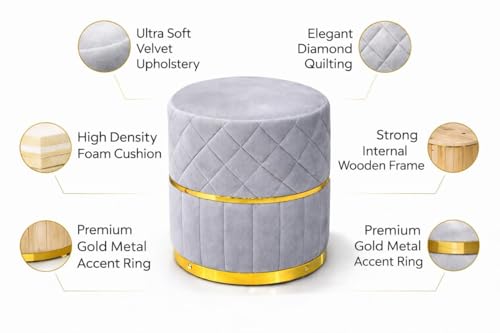 Image of Premium Velvet Ottoman Stool with Gold Base | Round Puffy Footrest with Diamond Quilting | Soft Seating for Living Room, Bedroom & Dressing Area (Set of 2 Silver Grey)