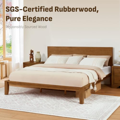 Image of Softa Mikor King Japanese Joinery Bed Frame with Headboard, Solid Rubberwood, 1500 Lbs Heavy Duty Slats Support, SGS Certified, No-Tool Setup, Hidden Storage, USB-A /C Port, No Box Spring Needed