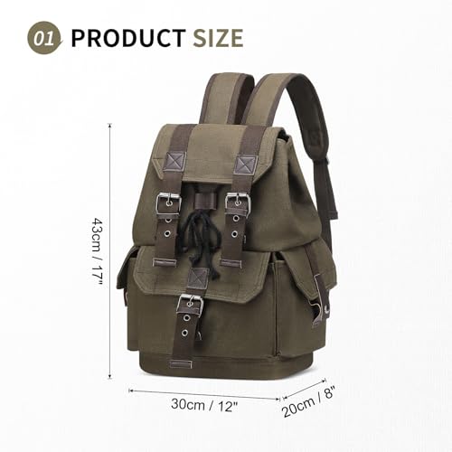 Vintage Canvas Backpack for Men Women, Durable Casual Daypack, Large Capacity Travel Rucksack Fits for Hiking and Daily Use (Green) - Image 4