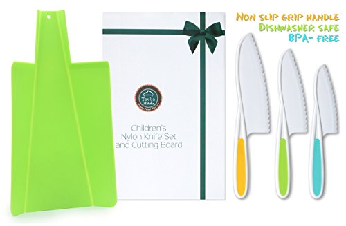 Tovla Jr. Kids Kitchen Knife And Foldable Cutting Board Set: Children's Cooking Knives In 3 Sizes & Colors/Firm Grip, Serrated Edges, Bpa-Free Kids' Knives/Safe Lettuce And Salad Knives… (Green) #TOP4