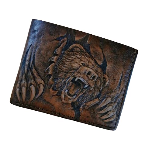 Grizzly, Bear, Forest, Hunter, Hunting, Men's 3D Genuine Leather Wallet, Handmade wallet, Carved wallet, Tooled wallet, Airbrush Art, Bifold wallet, Custom wallet, Personalized wallet, A(30)