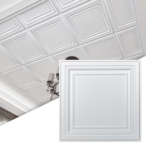 Art3d 12-Pack PVC Drop Ceiling Tiles (48 Sq.Ft), 24"x24" Decorative Panels for Home and Office, 2ft x 2ft, Bright White Finish by Art3d - Used condition - CA$35.59