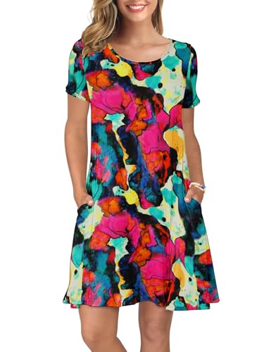 Image of KORSIS Summer Women's Dress Casual T-Shirt Short Sleeve Dresses Swing Flowy Beach Vacation Work Sundress with Pockets