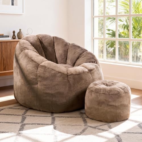 Pumpkin Shaped Bean Bag Chair with Ottoman, Gaint Bean Bag...