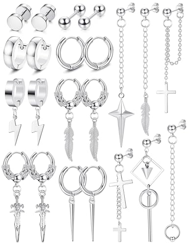 Fiasaso 22Pcs Dangle Earrings for Men Stainless Steel Hinged Hoop Earrings Long Chain Stud Cross Dangle Earrings Set Kpop Earrings for Mens Black, Silver and Gold