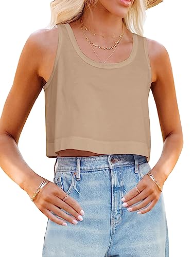 Aoysky Womens Cotton Crop Tops Casual Loose Tank Top Sleeveless Basic Cropped Athletic Yoga Workout Shirt Khaki