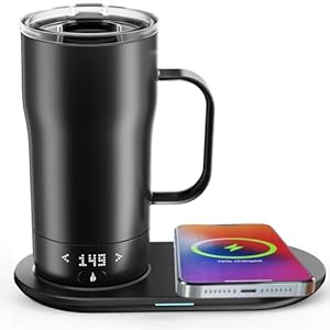 Smart Self Heating Coffee Mug 18 Oz Temperature Control Heated Coffee Mug App Controlled Warmer Mug 5-10 Hour LED Display Keep Coffee Hot All Day Fast Wireless Charger Base Dull Black
