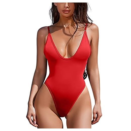 ESONLAR Women's Sexy Plunging V Neck Bathing Suit Open Back One Piece Swimsuits Red L