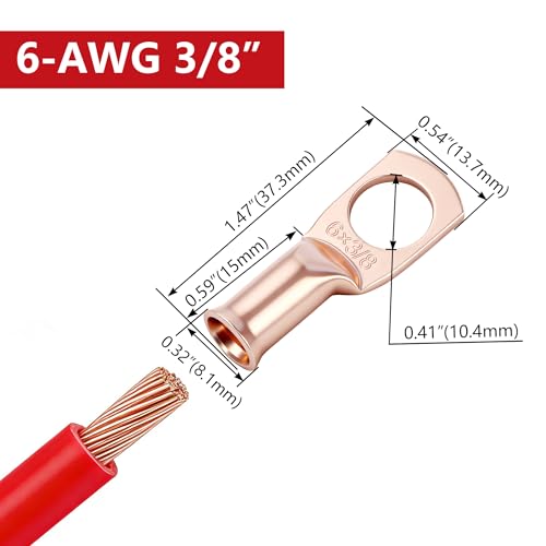 Extremos de cable de batería 6 AWG terminales de anillo 3/8 para cables de calibre 2 3