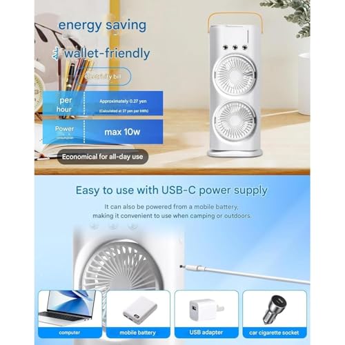 Image of Drumstone (๐๐+๐ ๐ฌ๐ฒ๐ฎ๐ฟ๐ Warranty 4000mAh Double Spray Mist Fan | Rechargeable Cold Air Desk Fan with 280ml Water Tank | 3 Speed & Mist Modes | USB-C, Remote Control, 7-Color LED Light (WHITE)