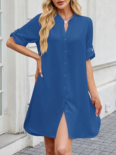 Image of PerZeal Womens Sexy V Neck Button Down Shirt Dresses Summer Short Sleeve Casual Loose Blouses & Button-Down Shifts Cover Ups