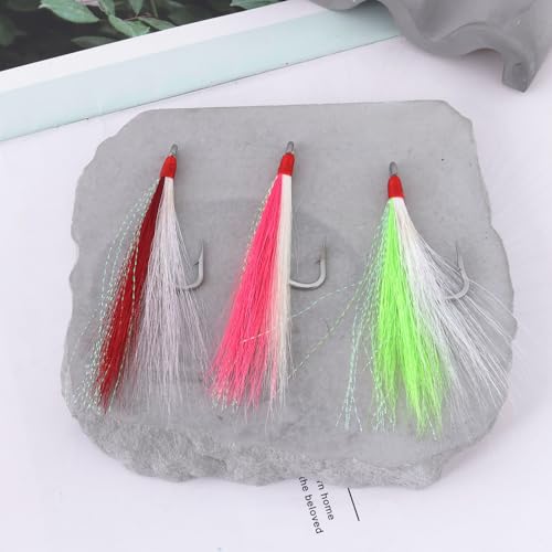 Briny River 12 Stück Bucktail-Teaser-Angelhaken Salzwasser-Flunder-Rig Angelhaken aus Edelstahl 96 Mm 3 G Bucktail-Mylar-Teaser Eingesetzt für Wels Kabeljau Flunder