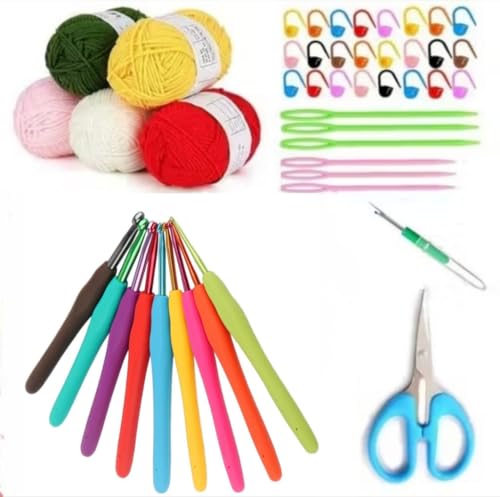 Image of Rainbow Crochet Kit for Beginners, 9-Piece Ergonomic Crochet Hooks with Yarn Balls, Stitch Markers, Plastic Sewing Needles & Scissors - Complete Knitting & Crochet Starter Set (rainbov color hook kit)