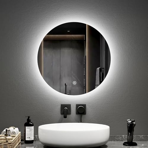 EMKE Specchio da bagno con illuminazione, rotondo, diametro 50 cm, con luce bianca fredda, dimmerabile, funzione di memoria, interruttore touch, IP44, retroilluminato a risparmio energetico
