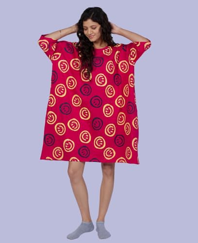 Image of LAMA STORE Women's Printed Oversized T-Shirt Dress, Cotton, 3 /4 Sleeve Length, Casual Loose Fit, Comfort Wear Extra Comfy Oversized Printed Pocket T-Shirt Dress