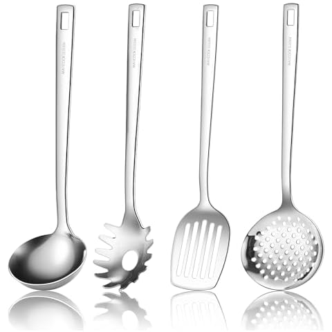Stainless Steel Cooking Utensils Set, Stainless Steel Spatula Set Kitchen Wok Utensils Set, Include Soup Ladle,Spaghetti Server,Slotted Spatula Turner,Skimmer(Dishwasher Safe, Mirror Polished) Cover