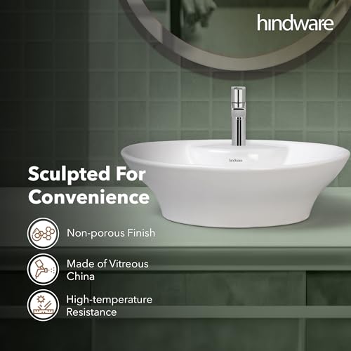 Image of Hindware Evita Table Top Wash Basin for Bathroom | Made of Ceramic | Star White | Oval Shape | Over the Counter Basin