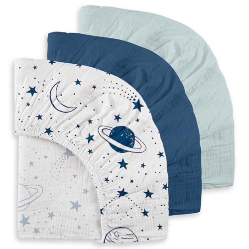 Image of Gllquen Baby Muslin Mini Crib Sheets 3 Pack, Breathable Pack and Play Sheets Fitted Soft Cozy Cotton Pack N Play Sheets for Baby Boy Girls, Universal Fitted Mini Crib Mattresses 38"x26" (Blue)