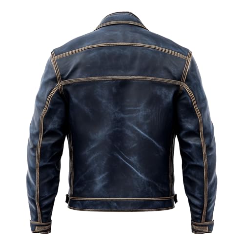 Mens Blue Trucker Denim Style Jacket Multi Pocket Genuine Leather Jackets2