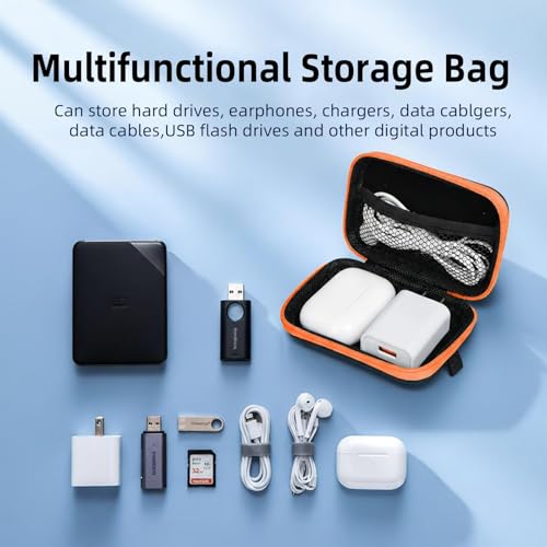 Image of Earbud Case Portable EVA Storage Bag Cell Phone Accessories Organizer with Carabiner for Wired /Wireless Earphone, Earbud, Earpieces, SD Memory Card, Camera Chips, Tech Pouch, Rectangle,Orange