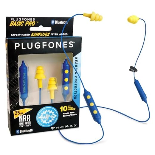 Plugfones Basic Pro Wireless Bluetooth in-Ear Earplug Earbuds - Noise Reduction Headphones with Noise Isolating Mic and Controls (Blue & Yellow)