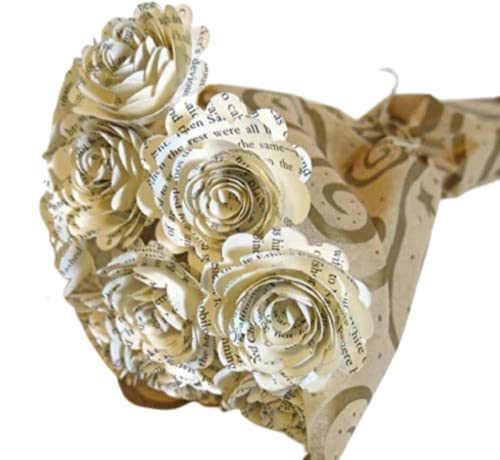 Always In Blossom Scalloped Quilled Book Page Paper Rose Bouquet – One Dozen 3D Flowers on Stems