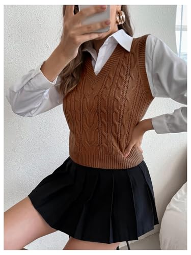 Image of Milumia Women's Cable Knit V Neck Sweater Vest Sleeveless Ribbed Crop Tank Top