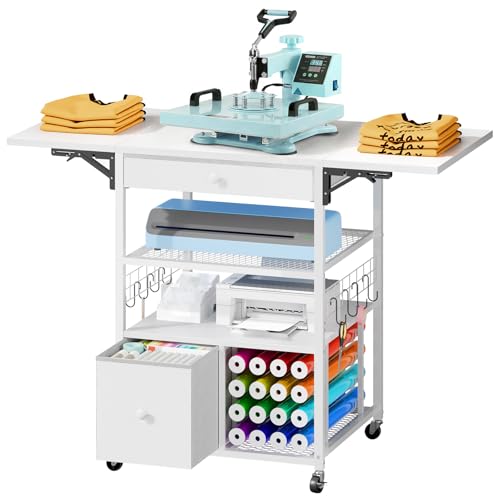 RALGEND Foldable Heat Press Table with 2 Drawers Movable Heat Press Stand Cart with Vinyl Roll Storage Collapsible Workbench with Lockable Wheels and Hooks for Heat Transfer Project White 8801PSWT