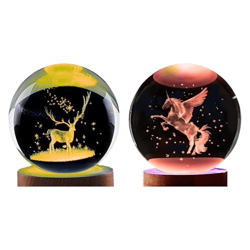 Image of 2 Pcs 3D Unicorn and Deer Crystal Ball Light, USB Powered with Wooden Base Perfect for Home Decor, Office, Birthday Gift & Kids Bedroom