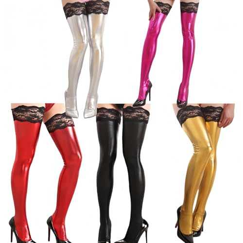 [R-Dream] ニーハイ ストッキング エナメル風 タイツ 光沢 フェイクレザー かかと付き ボンテージ 女王様 コスプレ コスチューム SM メタリック カラー 滑り止め 太もも丈 サイハイ - 画像1
