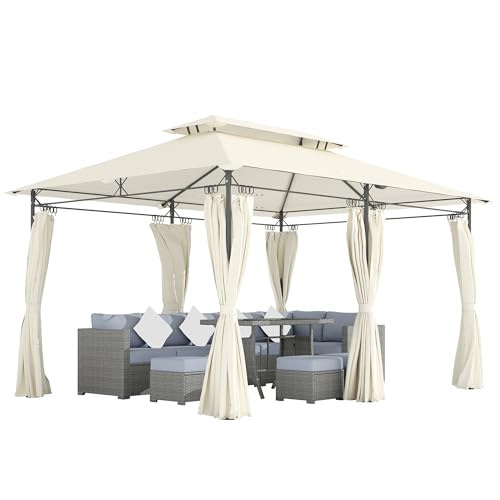 Outsunny 10' x 13' Patio Gazebo, Double Roof Outdoor Gazebo Canopy Shelter with Curtains, Solid Metal Frame for Garden, Lawn, Backyard and Deck, Cream White