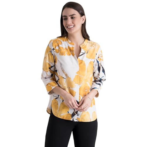 Image of FableStreet Women Shirt Work & Casual | Relaxed Fit Mandarin V-Neck Three-Quarter Sleeves Solid Pattern | Breathable Woven Fabric for Office & Everyday Wear