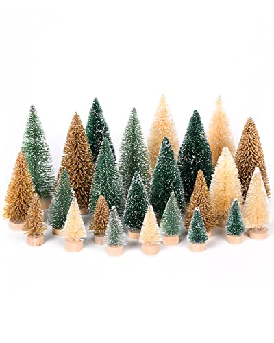 DDHS 24PCS Artificial Mini Christmas Trees, Upgraded 4-Color Bottle Brush Christmas Tree with Wooden Base, Artificial Frosted Sisal Christmas Tree Furniture Desktop Decoration Winter Crafts Ornaments