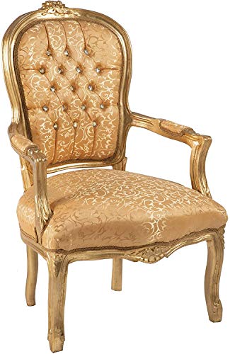 ITALUX MORE LIGHT Sillón barroco salón dormitorio en madera de caoba dorada y tela de seda dorada en tejido de seda Damascada oro y madera en hoja de oro