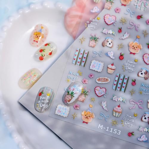 Image of Cute Nail Stickers Dog Bear Nail Art Stickers Cake Nail Decals 5D Embossed | With Flower Design Nails Charms Self Adhesive Nail Decals for Nail Art for Women Manicure Decoration Accessories 1 Sheets