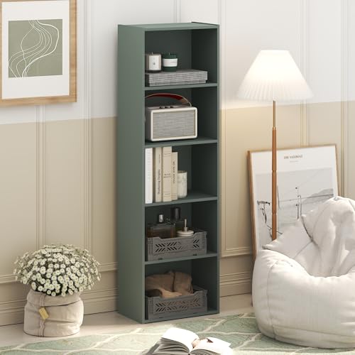 Image of Furinno LUDER Book Shelf, 5-Tier Bookshelf, Bookcase with Open Shelves, 9.4 x 15.8 x 52, Easy Assembly, for Living Room, Bedroom, Home Office, Sage Green