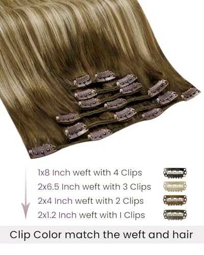 Image of LaaVoo Human Hair Clip In Extensions, For Prom, 18 Inch | Dark Brown Ombre Blended Light Brown Blonde Shades, 120g 7pcs, Hair Extension Clips, Soft, Thick Full