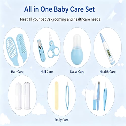 12 in 1 Baby Grooming Kit, Newborn Healthcare and Care Set with Hair Brush Comb Nail Clipper Nasal Aspirator Thermometer, Portable Travel Essentials for Infant Boys Girls, Blue - Image 6